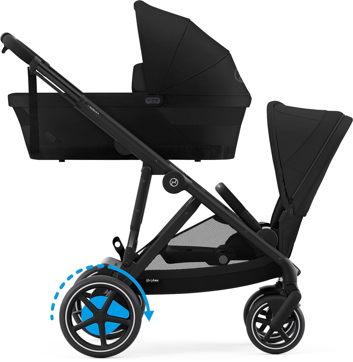 Cybex e-GAZELLE S - Sibling Kinderwagen mit 1x Babywanne und 2x Sitz - elektrischer Unterstützung