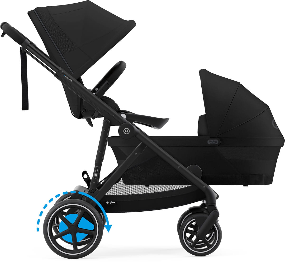 Cybex e-GAZELLE S - Sibling Kinderwagen mit 1x Babywanne und 2x Sitz - elektrischer Unterstützung